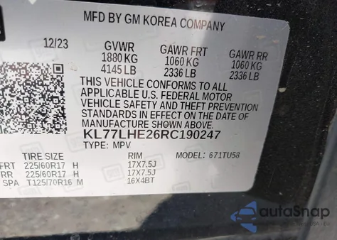 2024 Chevrolet Trax Fwd Lt from USA, damaged, VIN KL77LHE26RC190247